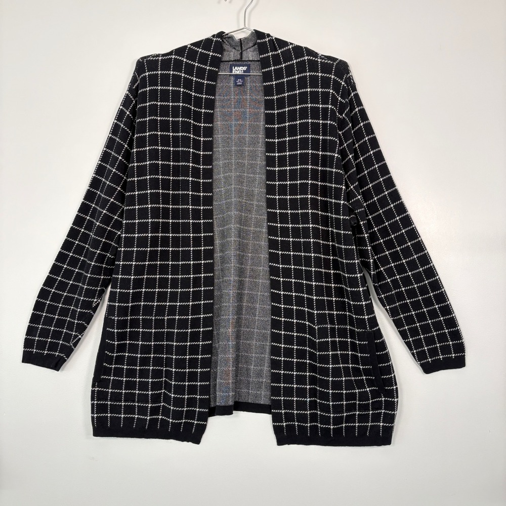 Lands' End Women Cardigan 2X Black White Windowpane Grid Cotton OpenFront Pocket